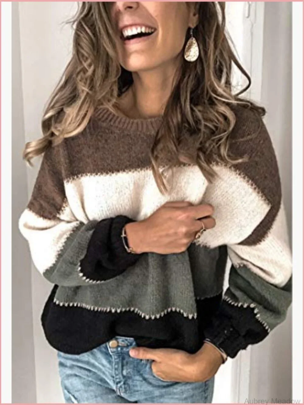 Casual Long Sleeve Crewneck Color Block Patchwork Knit Pullover Sweater Top